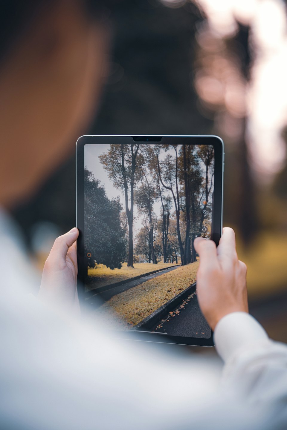 Osoba fotografuje tabletową kamerą park.